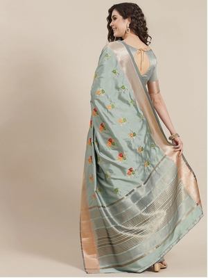 Light blue embroidered cotton silk saree with blouse 2