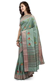 Light blue embroidered cotton silk saree with blouse