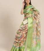 Green printed pure organza saree with blouse