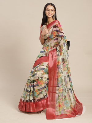 Multicolor printed pure organza saree with blouse 1