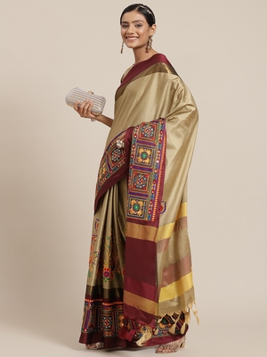 Beige embroidered cotton silk saree with blouse 1