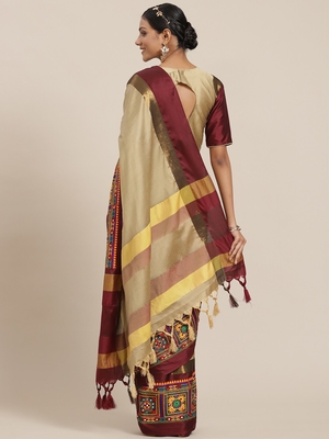 Beige embroidered cotton silk saree with blouse 2
