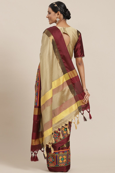Beige embroidered cotton silk saree with blouse