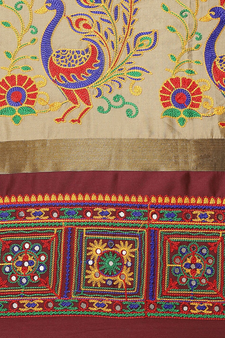 Beige embroidered cotton silk saree with blouse