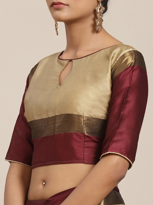 Beige embroidered cotton silk saree with blouse 5