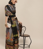 Grey embroidered cotton silk saree with blouse