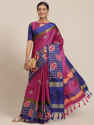 Pink embroidered cotton silk saree with blouse 1