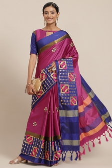 Pink embroidered cotton silk saree with blouse