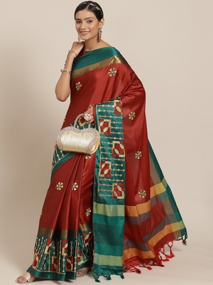Red embroidered cotton silk saree with blouse 1