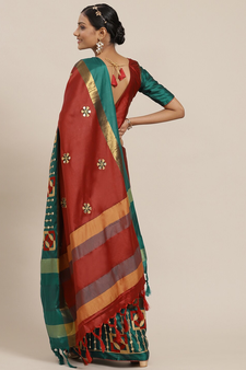 Red embroidered cotton silk saree with blouse