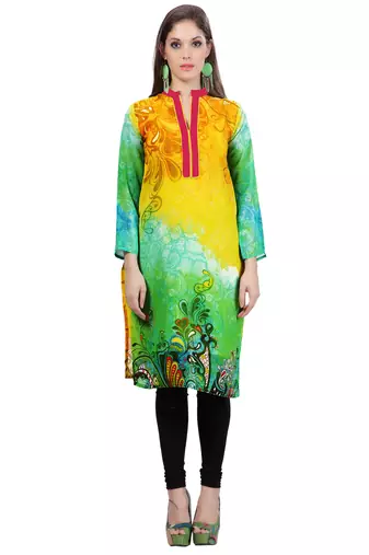 Yellow and Green Georgette Collar Neck Kurti