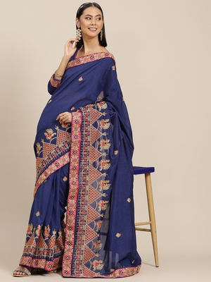 Blue embroidered georgette saree with blouse 1
