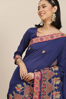 Blue embroidered georgette saree with blouse