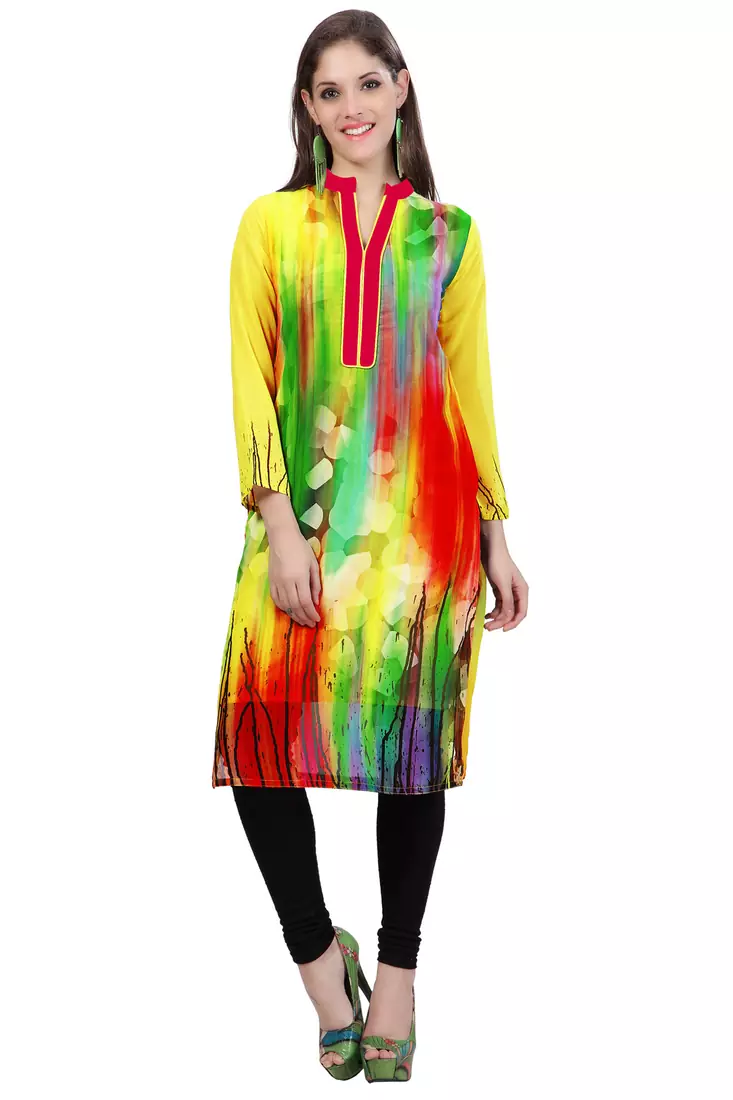 Yellow Georgette Printed Kurti