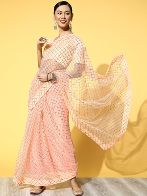Peach embroidered net saree with blouse 1