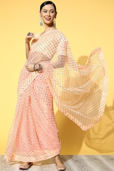 Peach embroidered net saree with blouse
