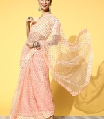 Peach embroidered net saree with blouse