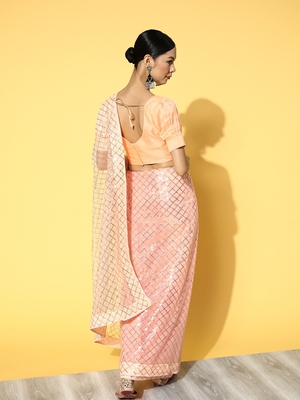 Peach embroidered net saree with blouse 3