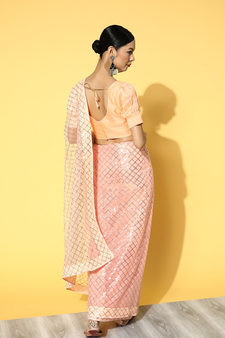 Peach embroidered net saree with blouse