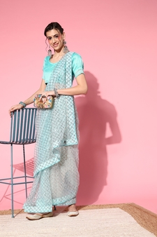 Light blue embroidered net saree with blouse