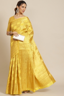 Yellow plain banarasi cotton saree with blouse