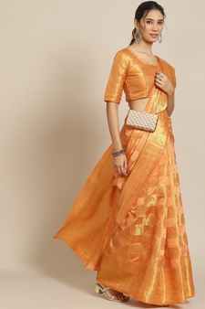 Pink plain banarasi cotton saree with blouse
