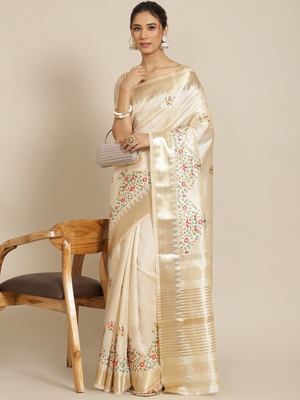 White embroidered cotton silk saree with blouse 1
