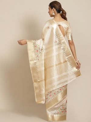 White embroidered cotton silk saree with blouse 2