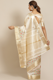 White embroidered cotton silk saree with blouse