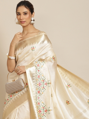 White embroidered cotton silk saree with blouse 3