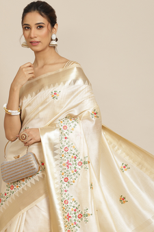 White embroidered cotton silk saree with blouse