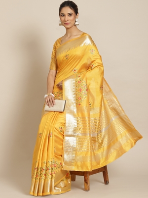 Yellow embroidered cotton silk saree with blouse 1