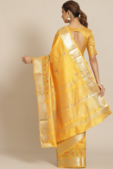 Yellow embroidered cotton silk saree with blouse