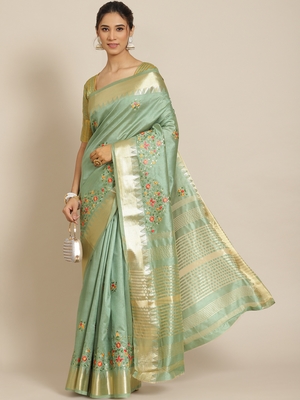 Green Embroidered Cotton Silk Saree With Blouse 1