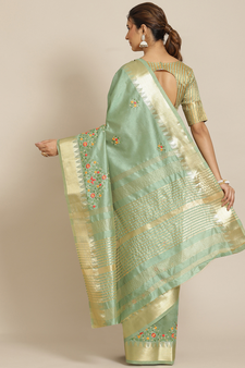 Green Embroidered Cotton Silk Saree With Blouse