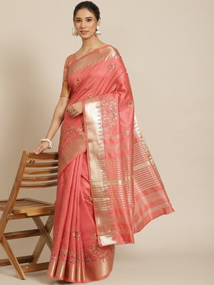 Peach embroidered cotton silk saree with blouse 1