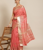 Peach embroidered cotton silk saree with blouse