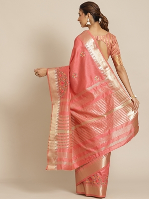 Peach embroidered cotton silk saree with blouse 2