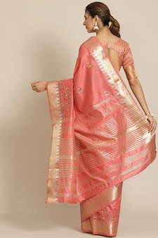 Peach embroidered cotton silk saree with blouse