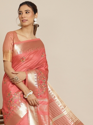 Peach embroidered cotton silk saree with blouse 3