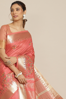 Peach embroidered cotton silk saree with blouse