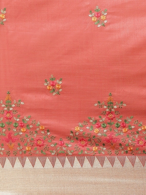 Peach embroidered cotton silk saree with blouse 4