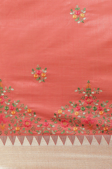Peach embroidered cotton silk saree with blouse