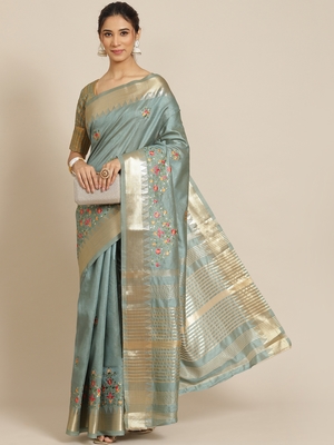 Turquoise embroidered cotton silk saree with blouse 1