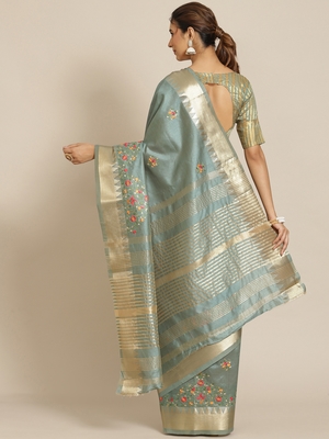Turquoise embroidered cotton silk saree with blouse 2