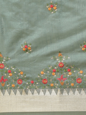 Turquoise embroidered cotton silk saree with blouse 3