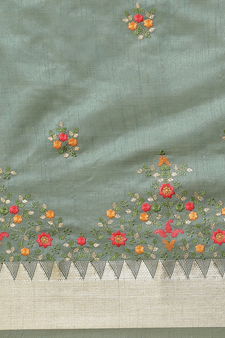 Turquoise embroidered cotton silk saree with blouse