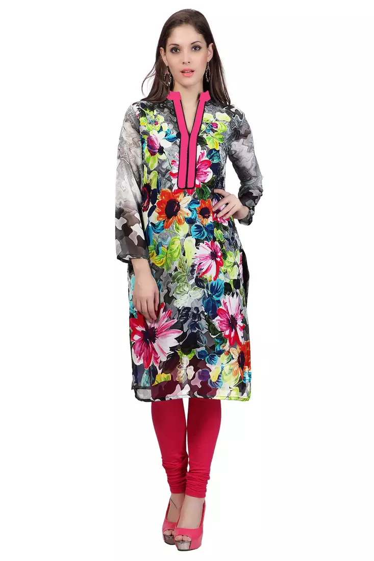 Grey Georgette Printed Full Sleeves Kurti