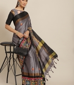 Grey embroidered cotton silk saree with blouse