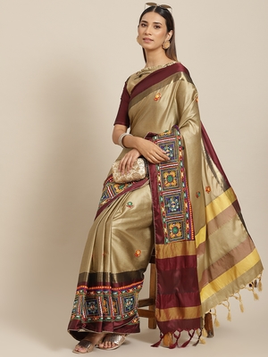 Beige embroidered cotton silk saree with blouse 1